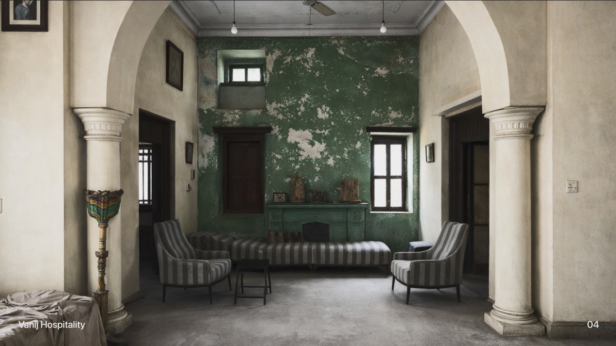 The living area, with its arches, daybed and fireplace